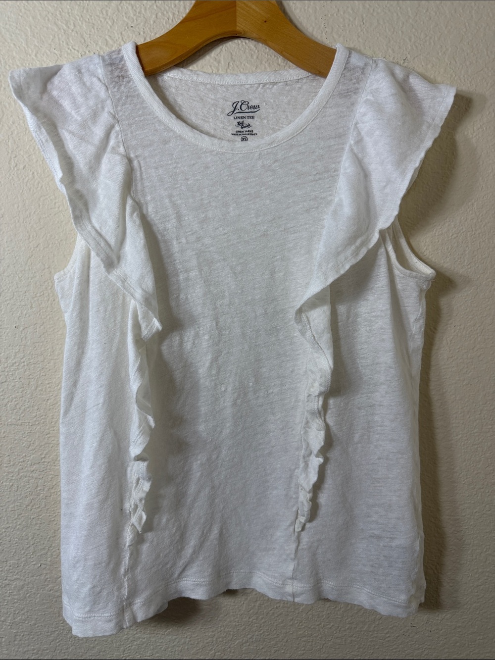 J.Crew Linen Ruffle Tee Shirt XS White Slub Knit Romantic Flutter Sleeve